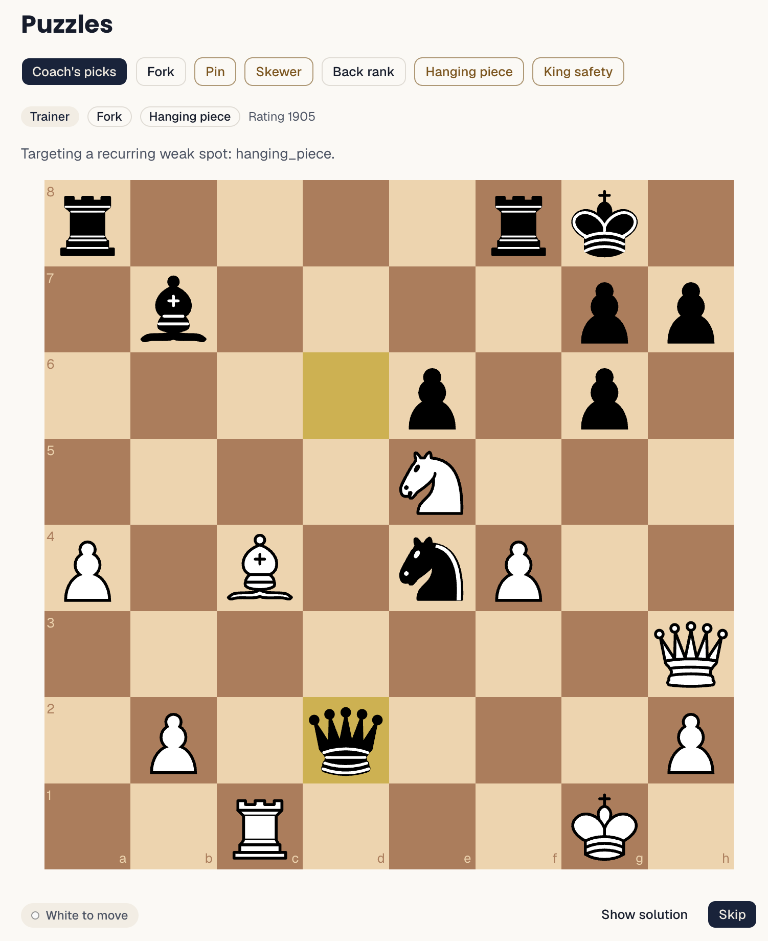 The practice solver with theme chips and a puzzle from the player's own game